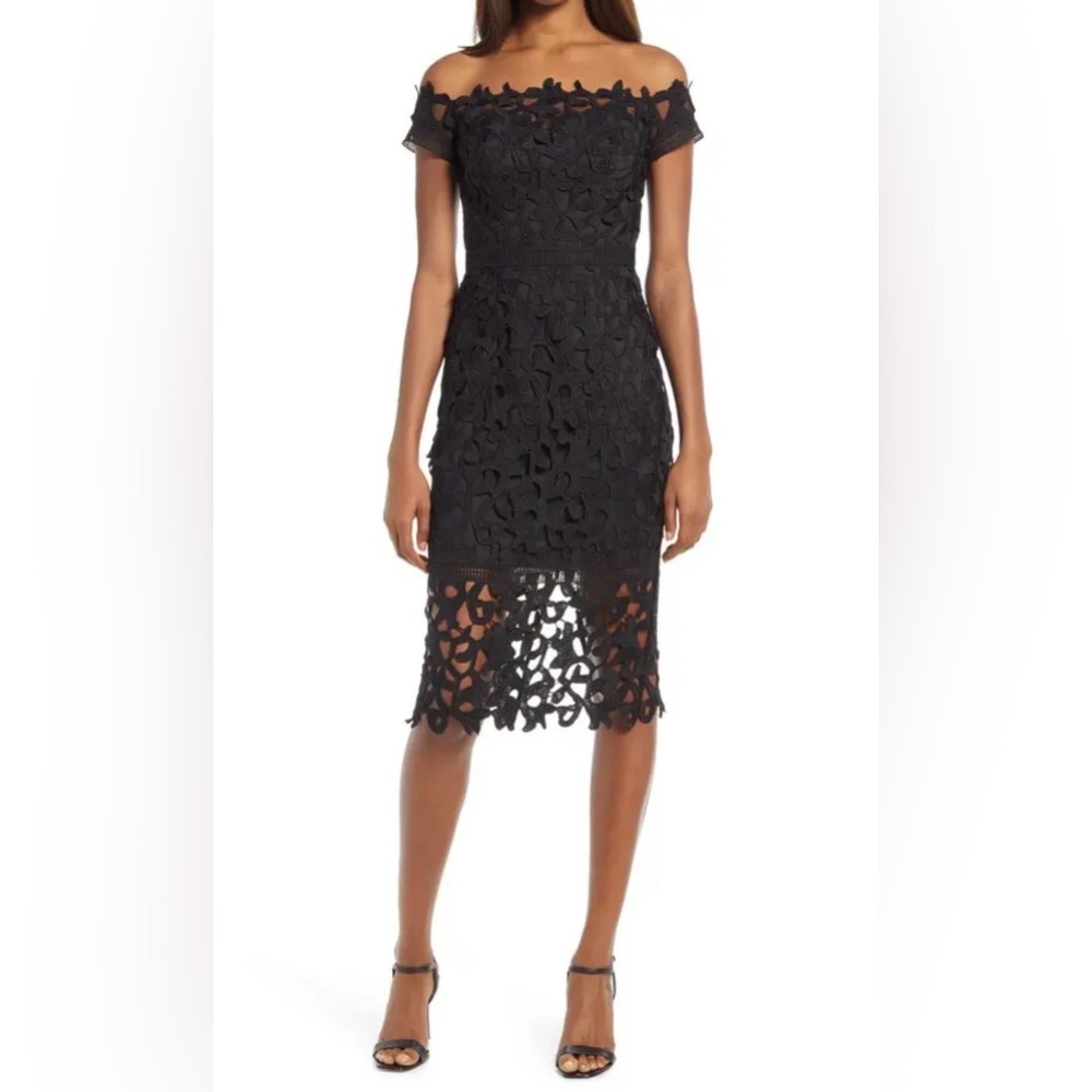 Chi Chi London Amabella Off The Shoulder Lace Cocktail Dress in black